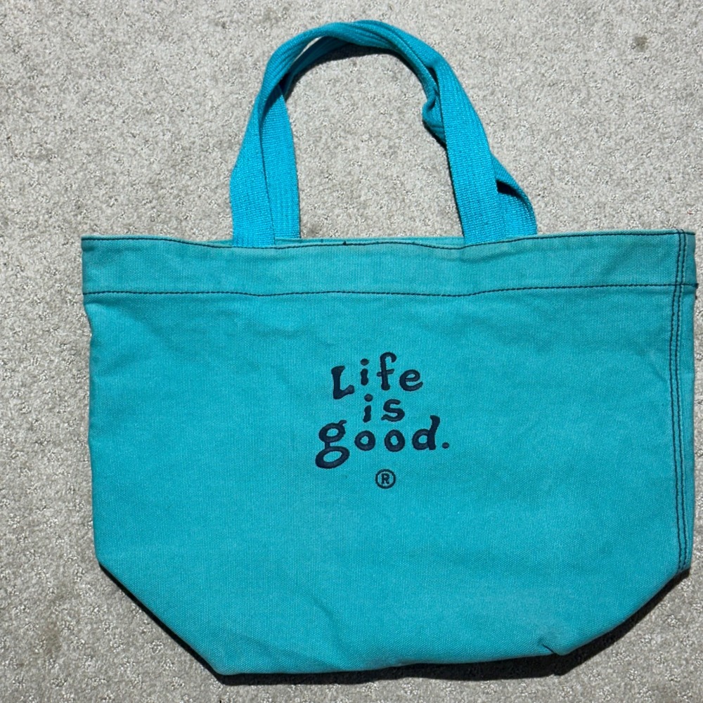 Life is Good Turquoise Blue Canvas Tote Bag Jake Flower Embroidered Shoulder Bag